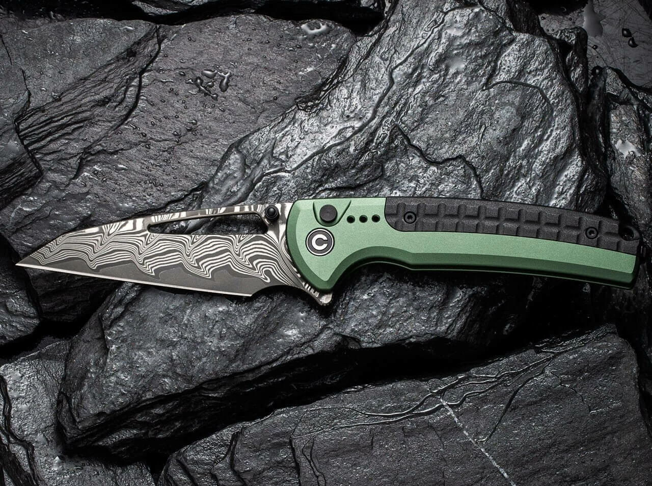 Sentinel Strike Aluminum Green & Black Damascus 1 Sentinel Strike Aluminum Green & Black Damascus